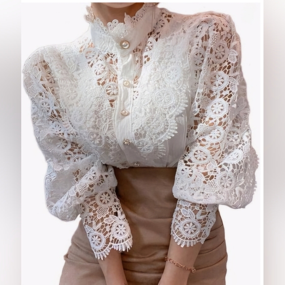 Tops - NWOT Victorian White Lace Blouse Flirty Yet Classy Size L Faux Pearl Buttons